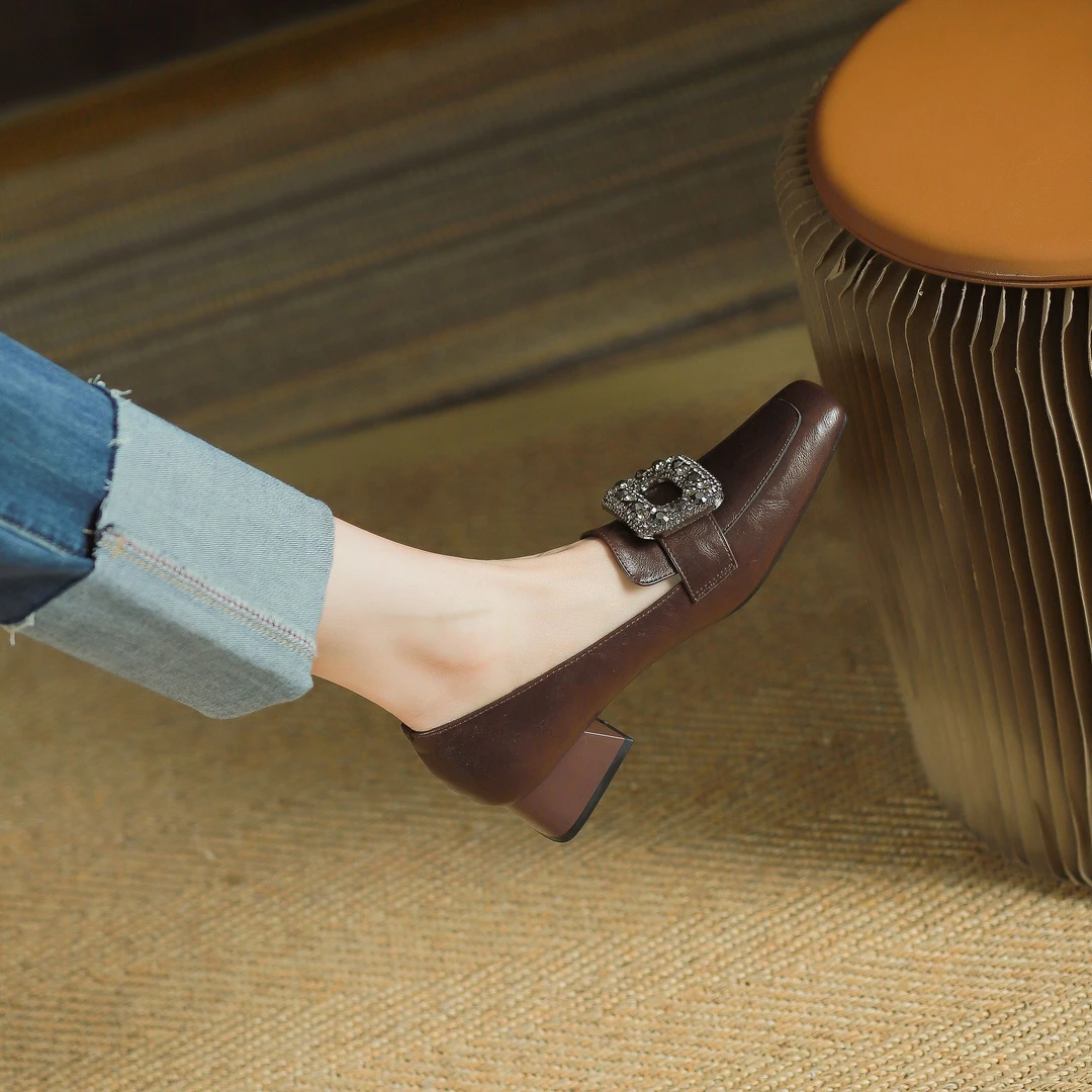 2024年春季新款乐福鞋高跟鞋女时尚百搭气质法式方头女单鞋