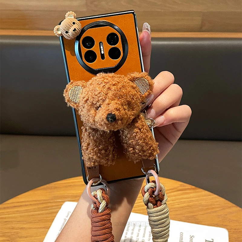 卡通毛绒小熊适用华为matex5手机壳保护套matex3折叠斜挎绳防摔