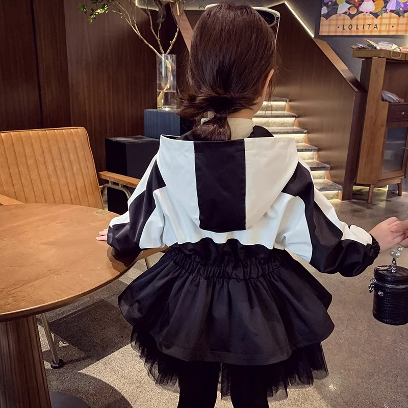 女童春秋洋气外套2025新款韩版百搭中长款风衣儿童时尚拼色上衣潮