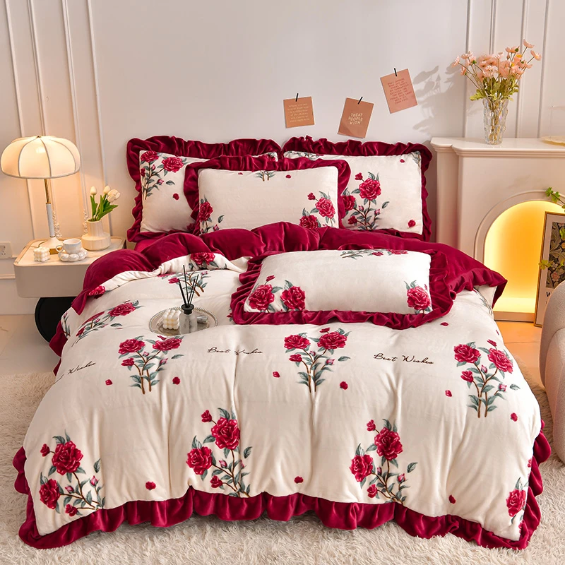 韩版小清新牛奶绒四件套纯色印花双面加绒被套加厚保暖床上用品