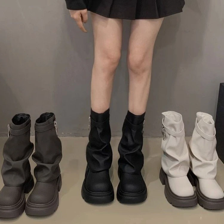 爆款厚底马丁靴女2023秋冬季新款裤管靴金属锁扣短靴百搭款修面皮
