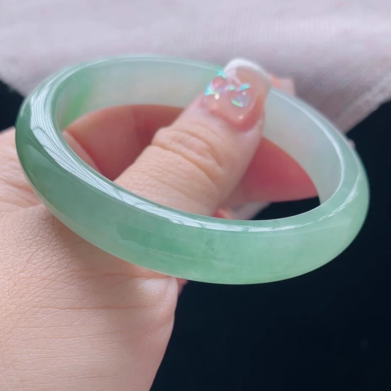54圈23383冰糯种飘甜绿色花翡翠手镯子正圈玉环好种水润天然A货