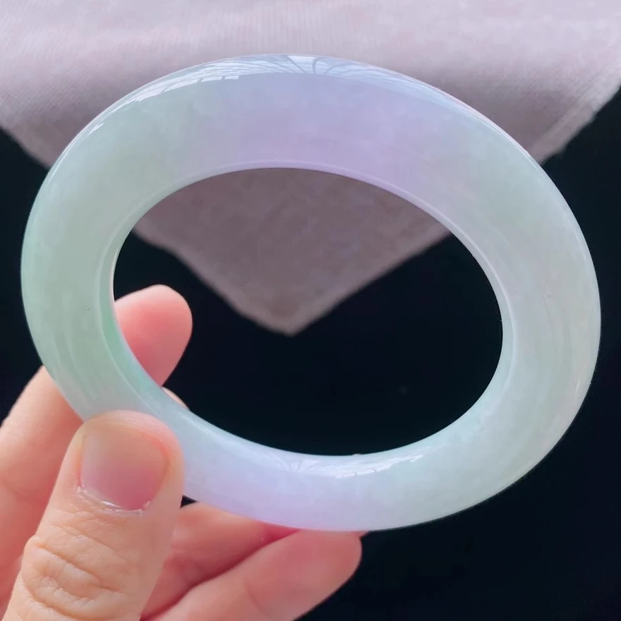 56圈22915冰糯种水春彩甜绿底飘紫罗兰花翡翠手镯子圆条玉手环a26