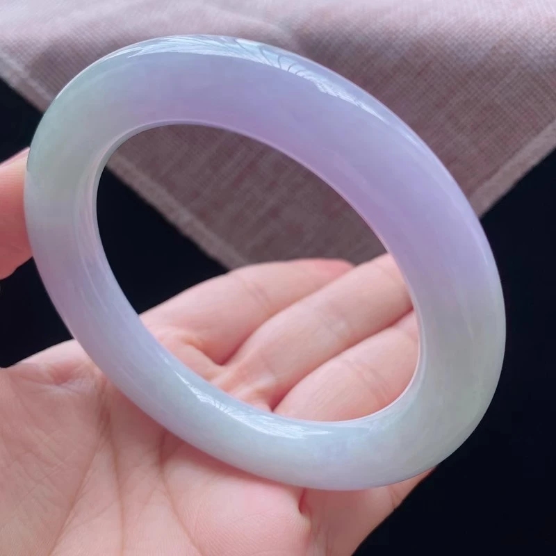 58圈22863冰糯种水春彩甜绿底飘紫罗兰花翡翠手镯子圆条玉手环a29