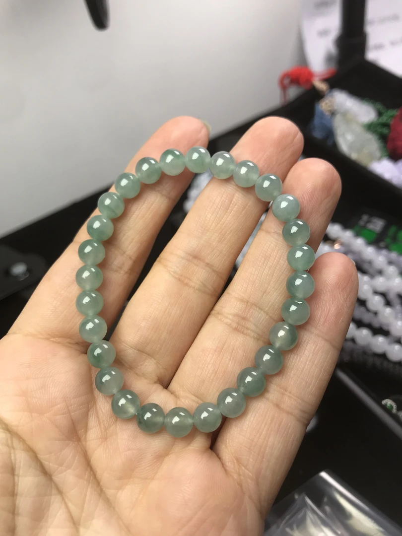 缅甸a货翡翠糯冰种飘海草花圆珠手链手串6.5mm