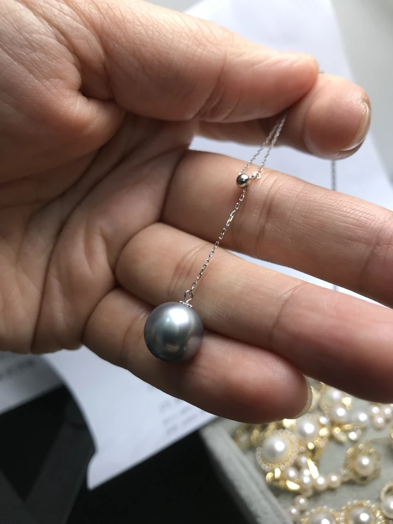 叁千珍藏大溪地海水珍珠10.9mm正圆微瑕强光铂金灰Y字18k金项链