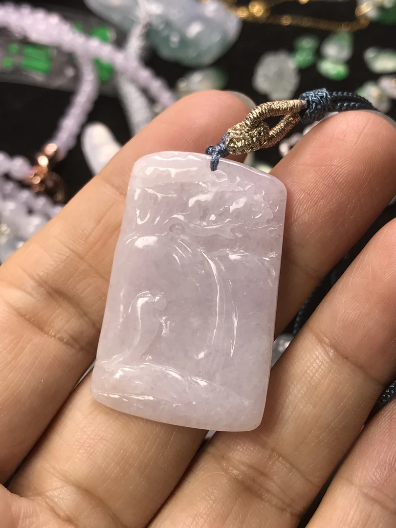 缅甸a货翡翠糯冰种浅紫罗兰悟道山水牌玉佩吊坠挂件配绳子