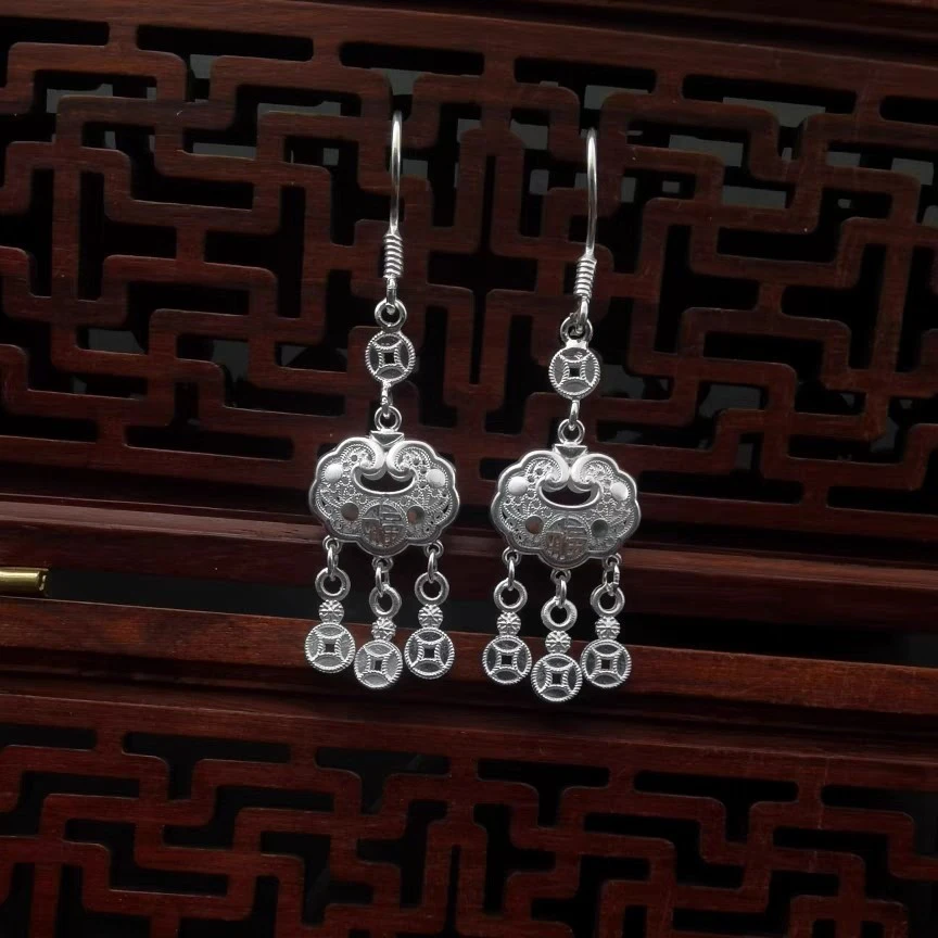 足银耳饰 福锁平安锁足银990耳钩耳饰