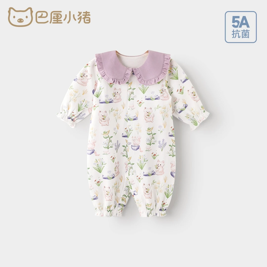 婴儿连体衣5A抑菌春秋新生儿纯棉哈衣爬服甜美春装一岁女宝宝衣服