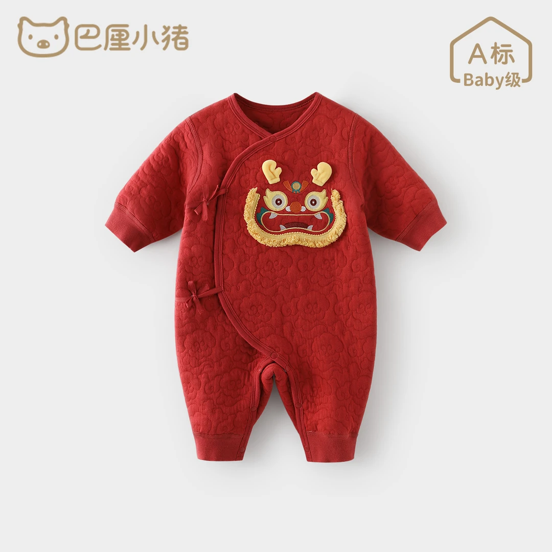 满月婴儿衣服秋冬新生儿保暖哈衣红色喜庆新年服国风龙宝宝连体衣