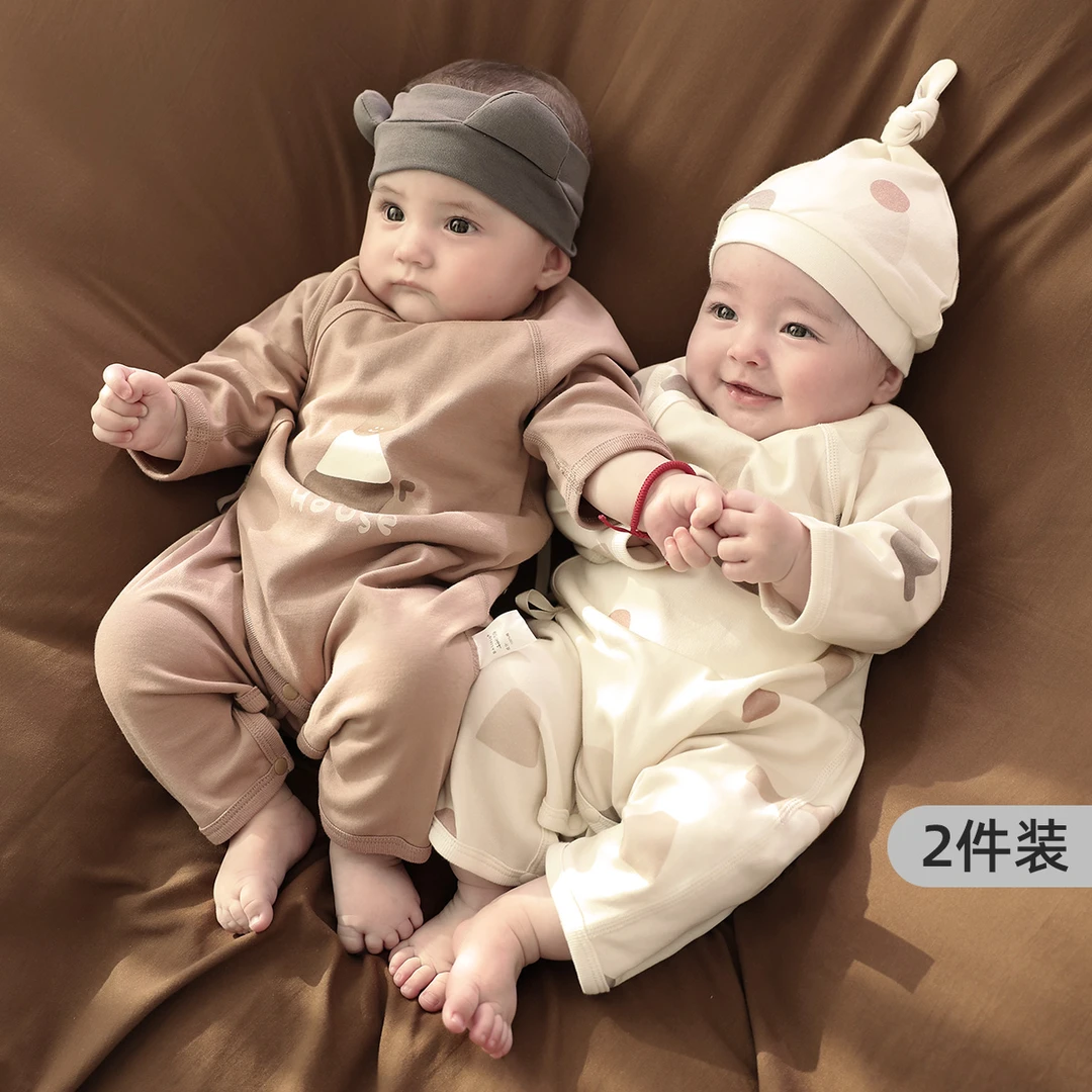 新生婴儿儿连体衣春秋季初生儿哈衣爬服纯棉2件装0-6个月宝宝衣服