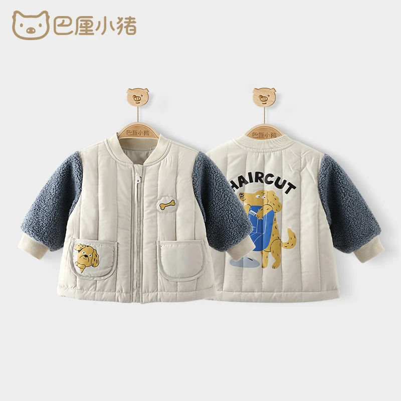 儿童女童秋冬款拼接外衣间棉保暖宝宝外套炸街潮酷男童皮夹克卡通
