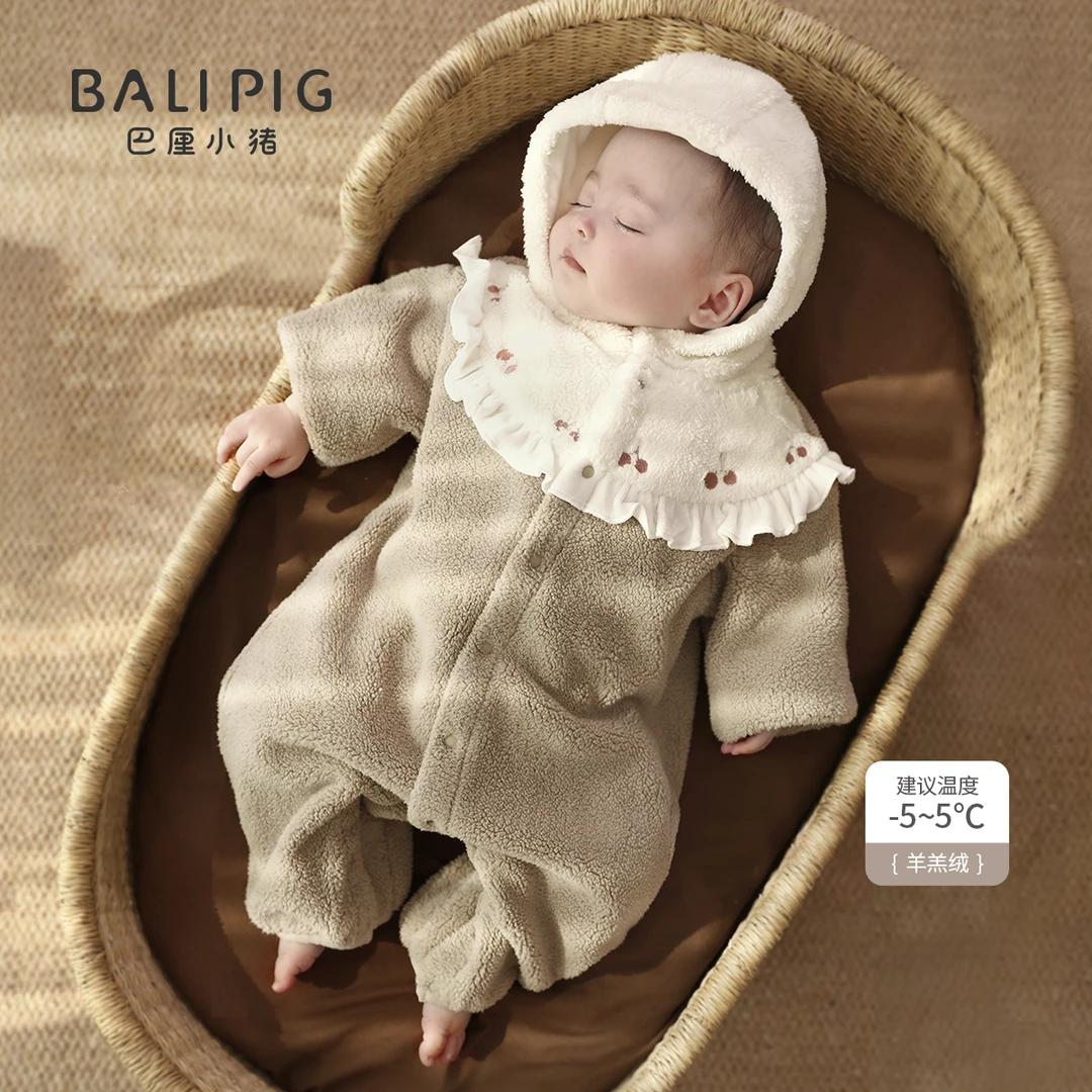 婴儿连体衣秋冬季可爱连帽哈衣加绒加厚保暖外出服冬装女宝宝衣服