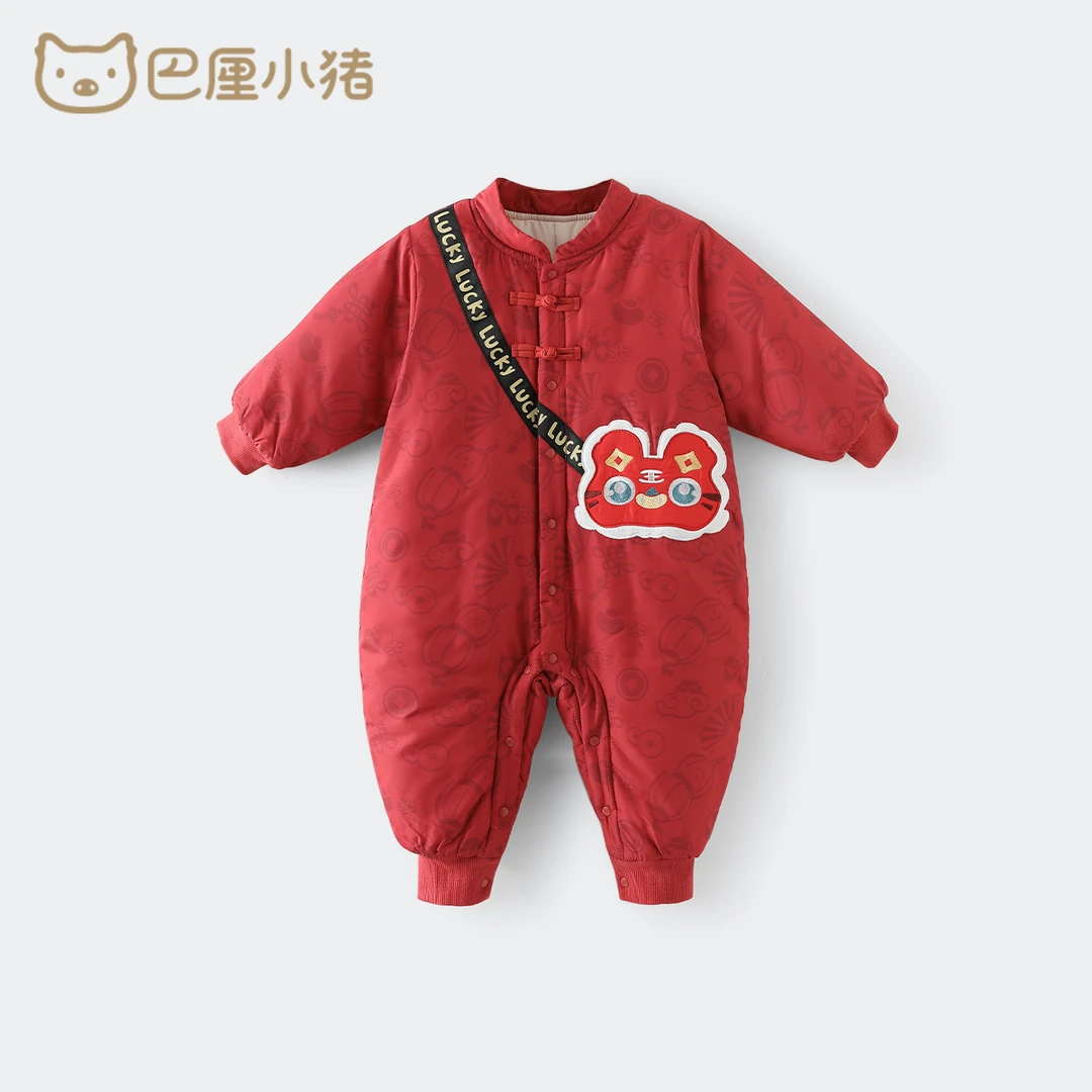 虎宝宝新年服夹棉加厚保暖棉衣红色喜庆中国风连体衣冬季婴儿棉服