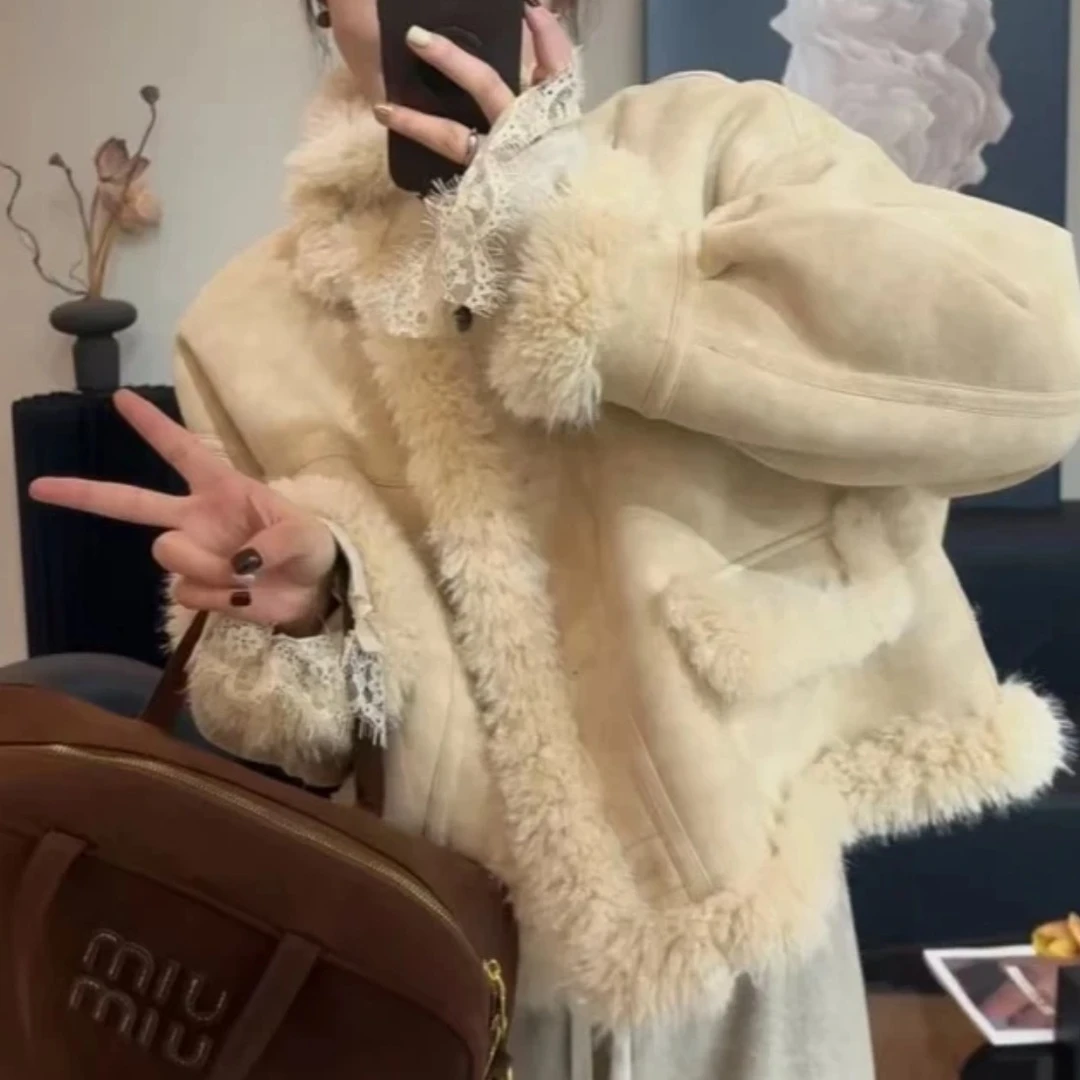 2024冬款上新韩版ins潮 百搭加厚保暖防风皮毛一体机车服外套女