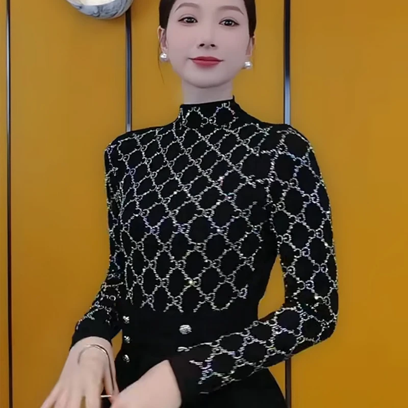 赫本风亮钻黑色打底衫女内搭秋冬修身女款衣服半高领长袖上衣t恤