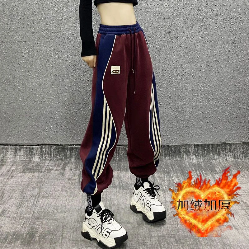 欧货拼色加绒加厚卫裤女2026冬季新款时尚高腰宽松百搭束脚运动裤