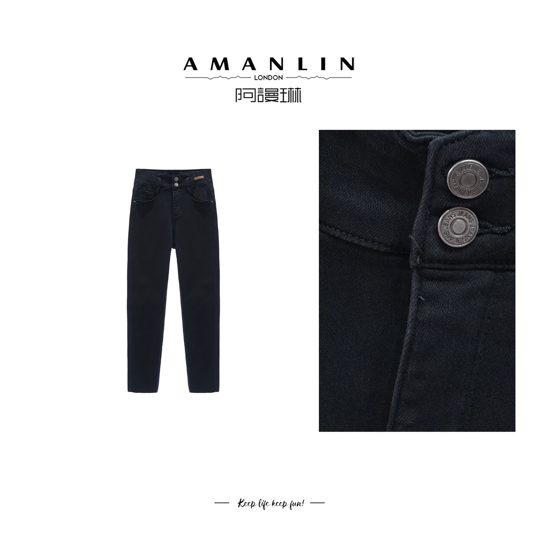 AMANLIN【长腿法则】简约时尚高腰显瘦百搭铅笔牛仔裤小众F593588