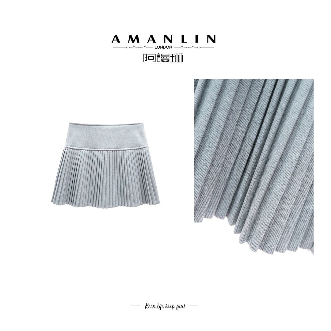 AMANLIN【暖冬】简约风休闲百搭显瘦高腰百褶半身裙a字短裙F593700
