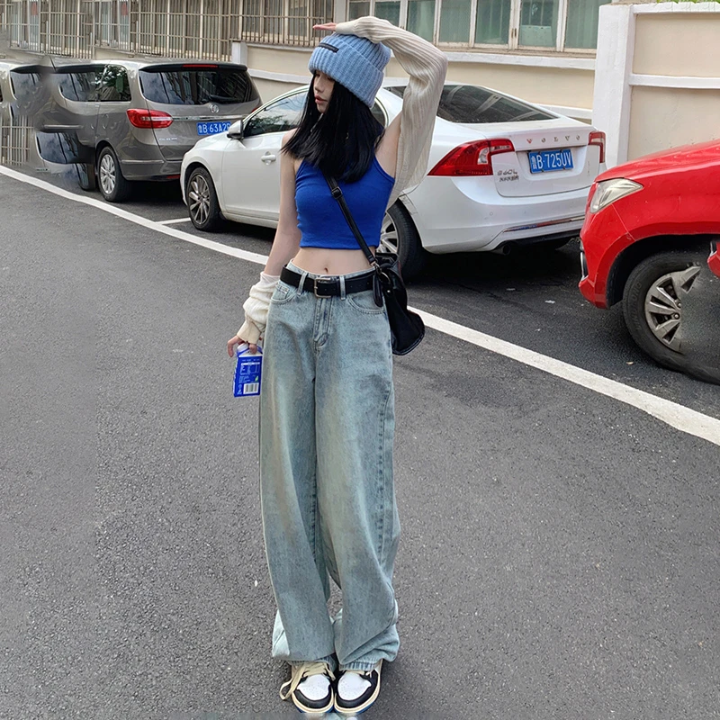 美式复古做旧宽松阔腿裤百搭显瘦高腰直筒牛仔裤女微胖穿搭休闲