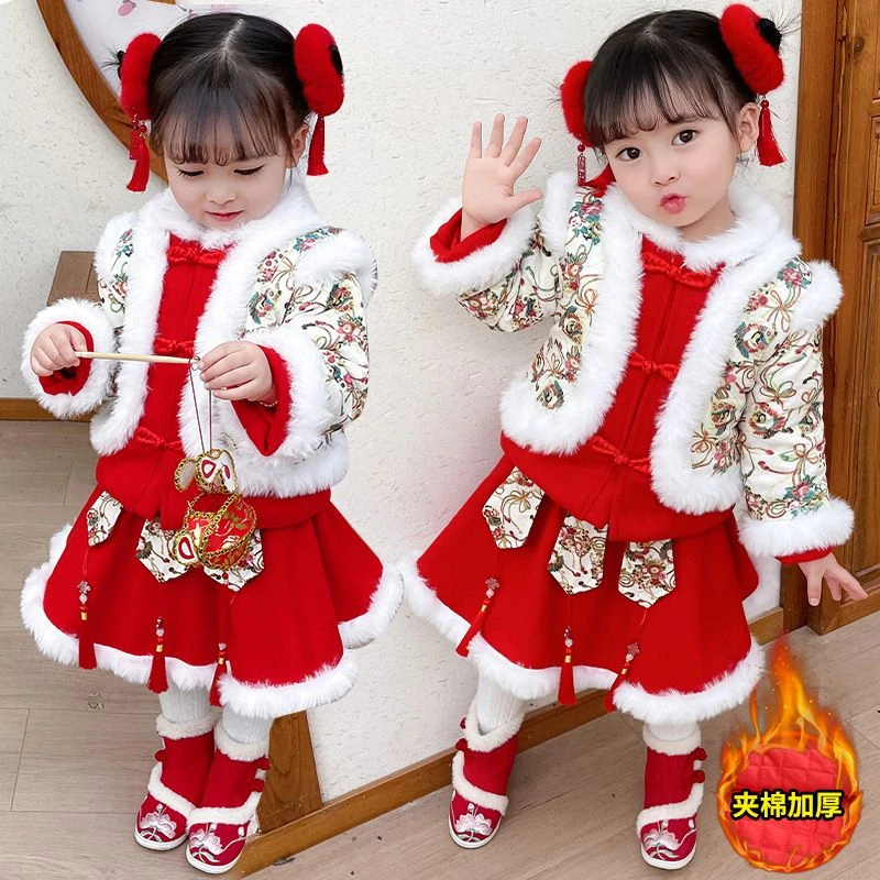 新款女童拜年服儿童春节过年服年服加棉加厚汉服女童超仙秋冬套装