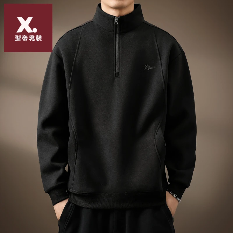 高端美式复古半拉链立领刺绣卫衣男冬季加绒宽松休闲外套Polo衫男
