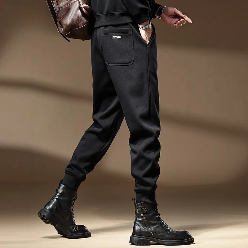 黑色重磅卫裤男加绒加厚冬季潮牌宽松运动束脚裤男松紧腰休闲裤男