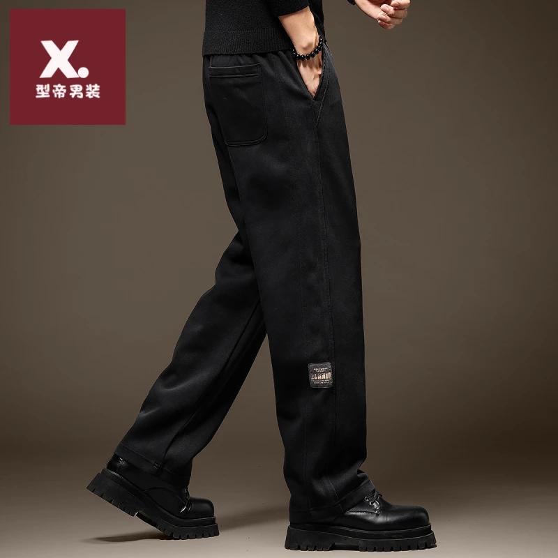 高端美式潮牌垂感直筒休闲裤子男秋冬加绒宽松大码阔腿运动卫裤男