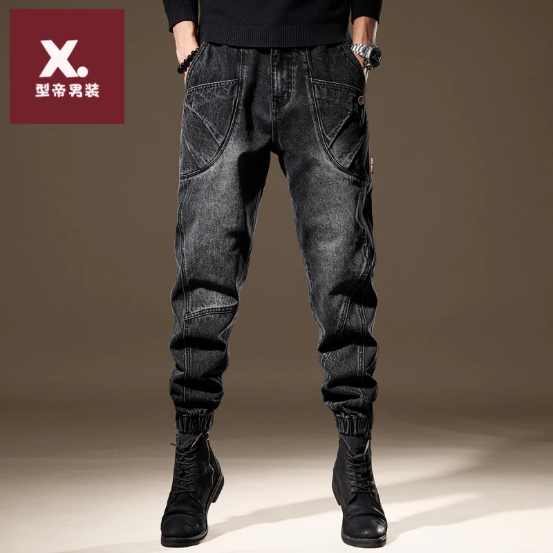 美式复古重磅户外牛仔裤子男秋冬加绒宽松直筒高端工装休闲束脚男