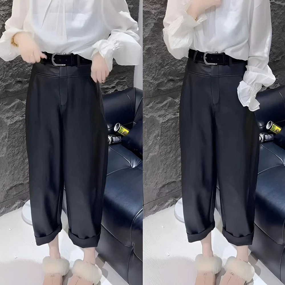 2025新款宽松新款哈伦高腰丝绒腰带时尚显瘦遮肉休闲九分蛋白皮裤