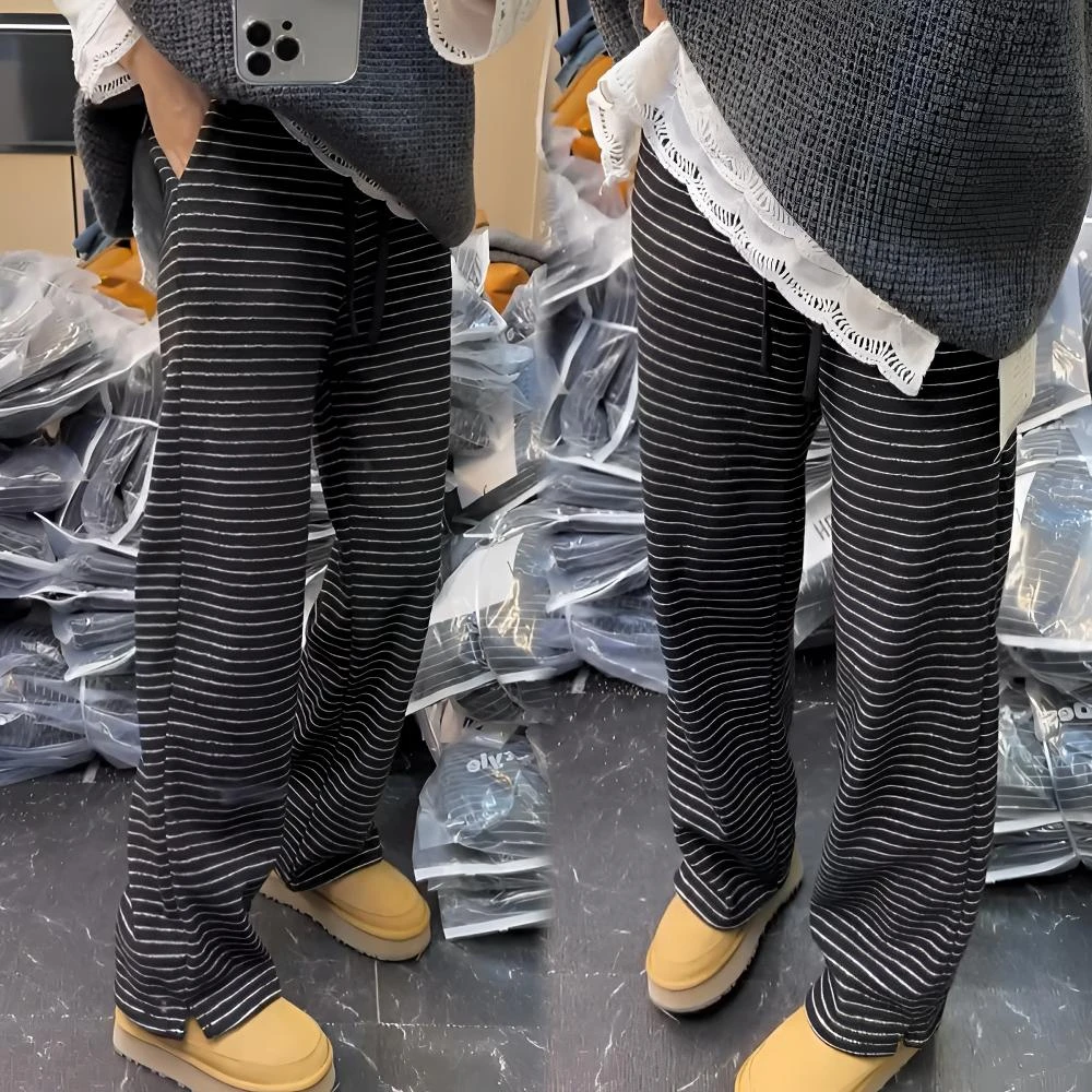 加绒条纹阔腿裤女2025冬新款时尚宽松复古百搭松紧腰抽绳休闲裤