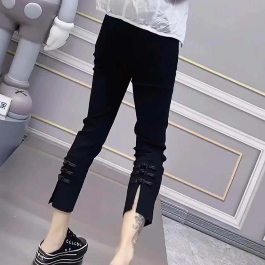 开叉盘扣烟管西裤女八分夏新款高腰小脚裤黑色职业裤子西装裤女