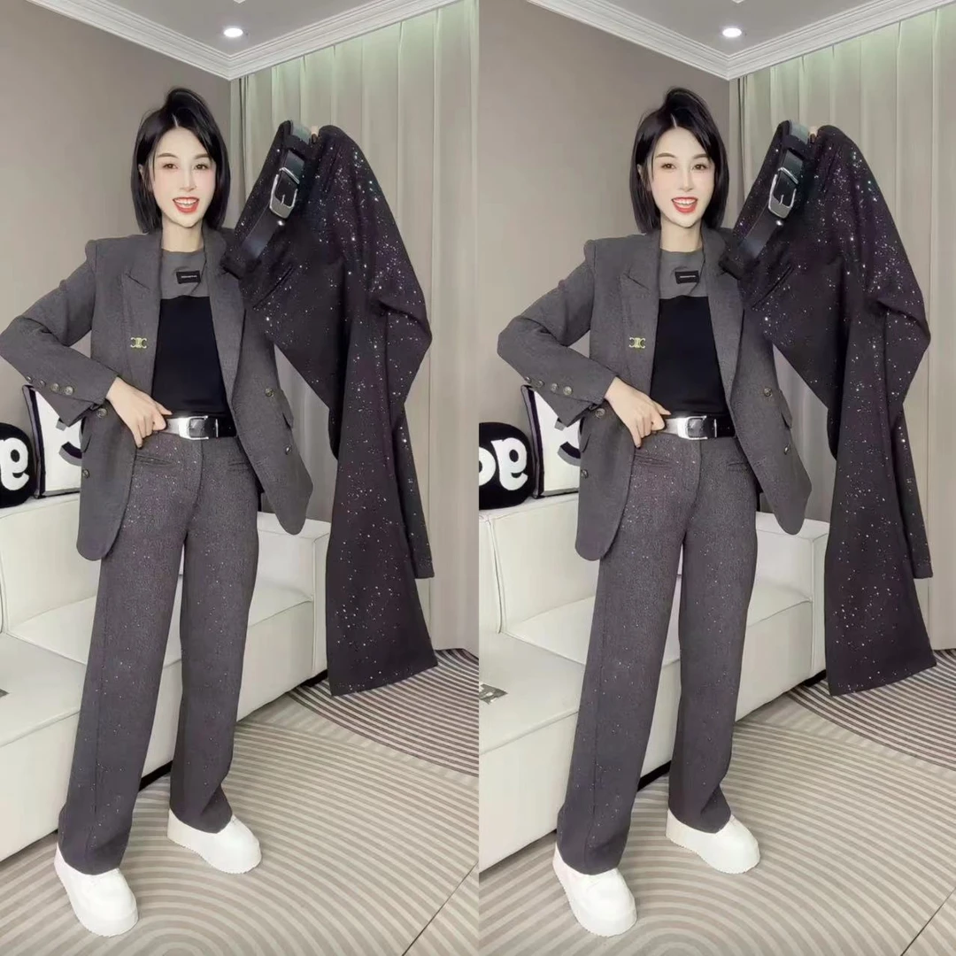 欧货满天星窄版阔腿裤女2025年秋冬闪星毛呢纯色显瘦百搭休闲裤