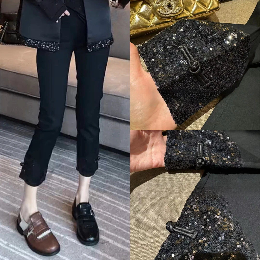 2025新款中式国风亮片盘扣直筒休闲裤女裤弹力显瘦小脚烟管裤