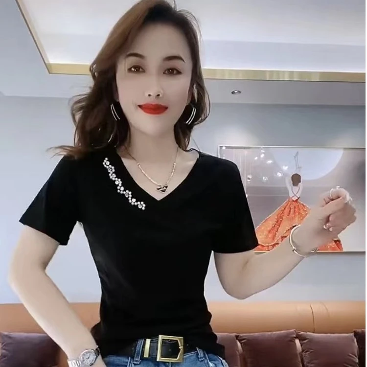 2023新款短袖T恤女夏季V领显瘦蝴蝶美背透气修身气质爆款半袖上衣