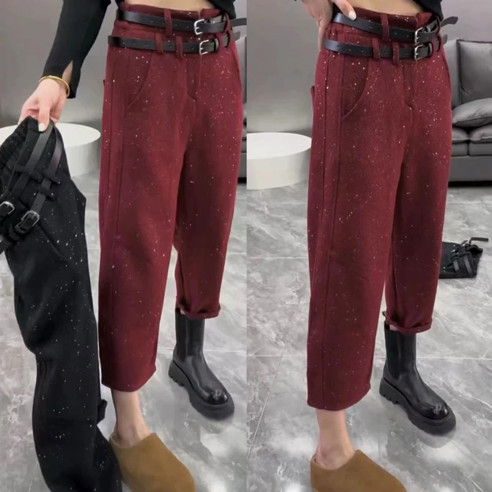 欧货小众设计感百搭时尚红色裤子2025年冬季新款轻奢亮片九分裤女
