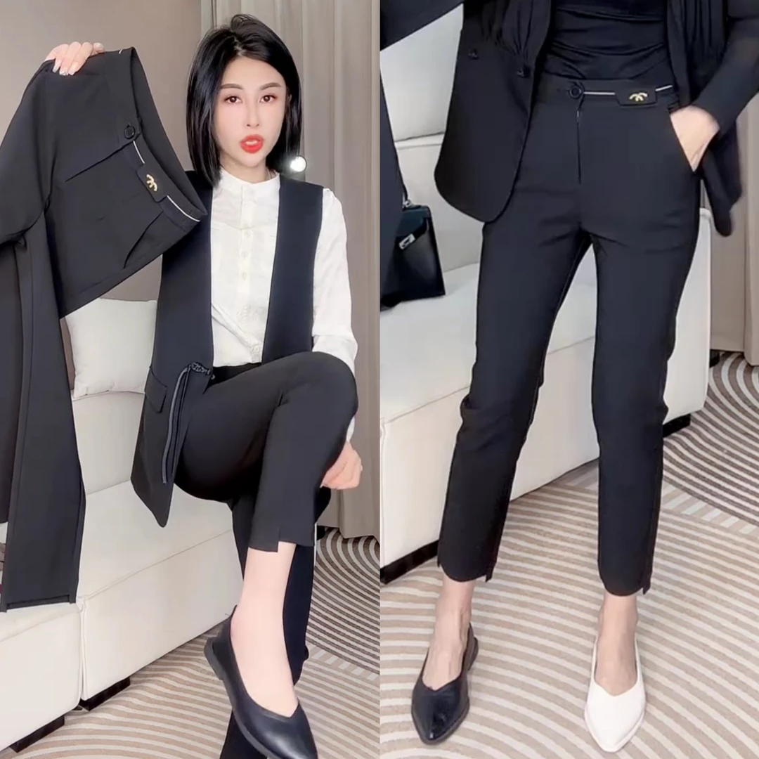 黑色高腰西裤女秋新款修身显瘦垂坠感百搭小个子九分休闲直筒裤