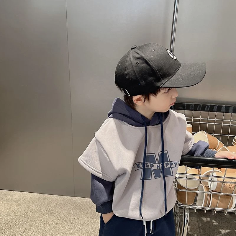 童装男童带帽子卫衣秋冬加绒加厚男孩帅气时髦潮网红假两件衣服