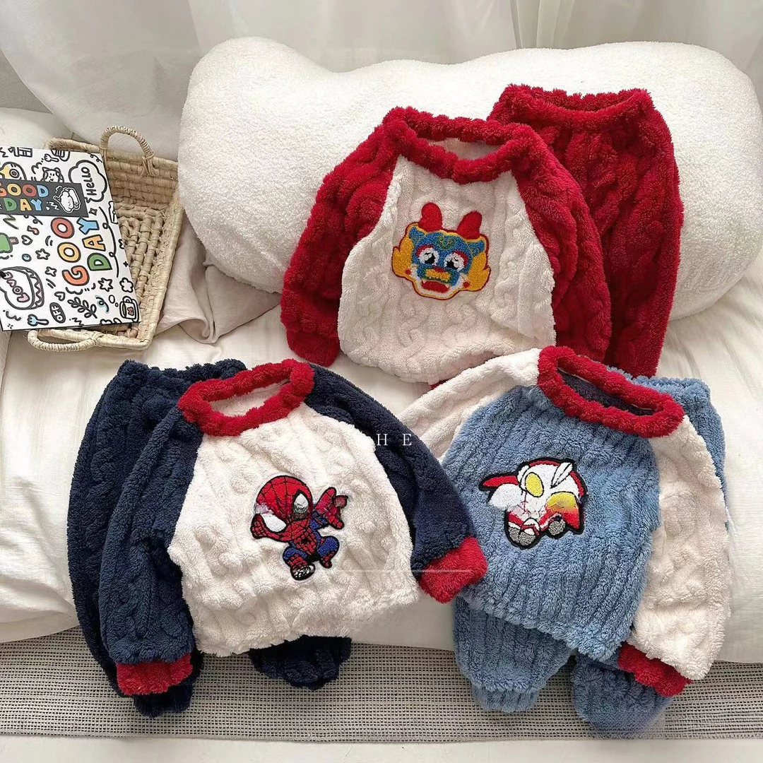 儿童家居服提花套装长袖保暖加厚儿童款睡衣宝宝冬睡衣