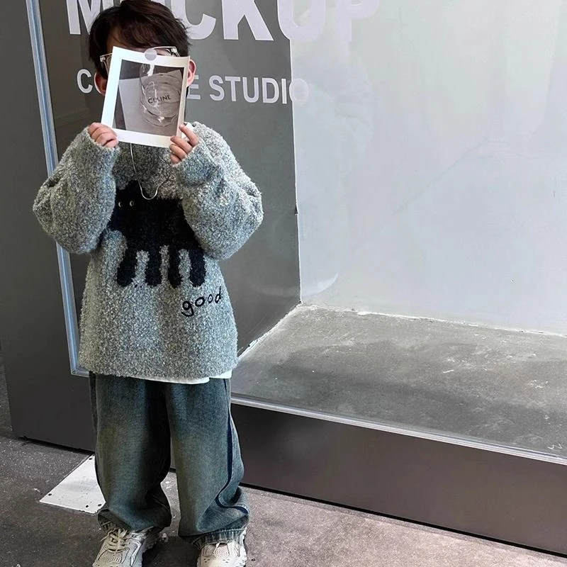 韩版童装男童毛衣2024新款秋冬洋气小猫酷帅灰色儿童针织衫冬季潮