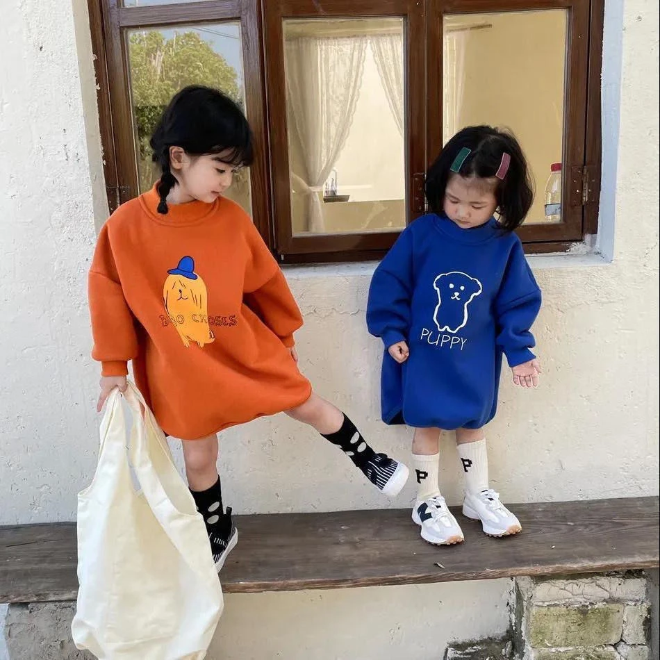 加绒克莱因蓝卡通卫衣幼儿园女童宝宝韩版秋冬新款长款卫衣连儿童