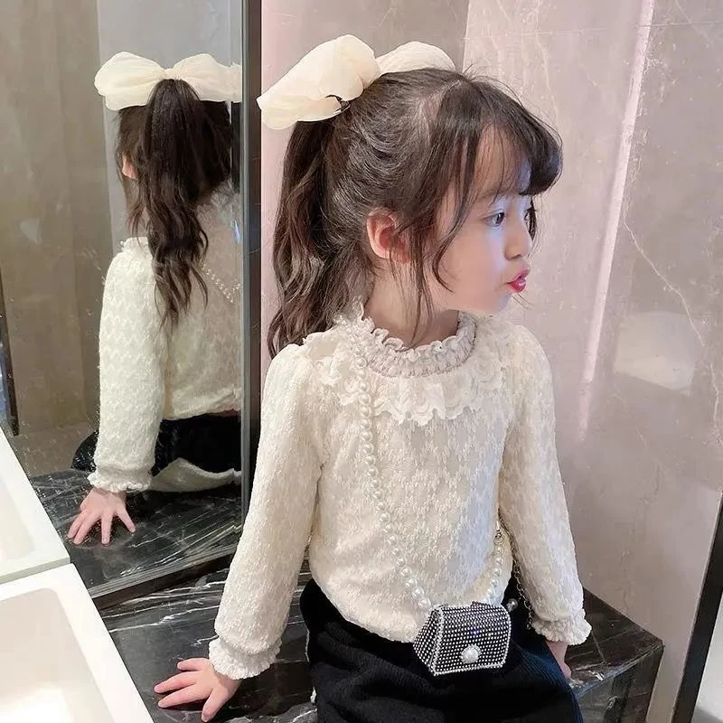女童打底衫百搭甜美时尚秋冬洋气儿童韩版童装女童蕾丝花边领长袖