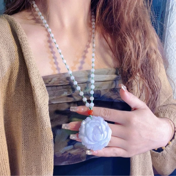 天然翡翠牡丹花冰紫女士毛衣链玉石女款吊坠挂件男女款多样性发货