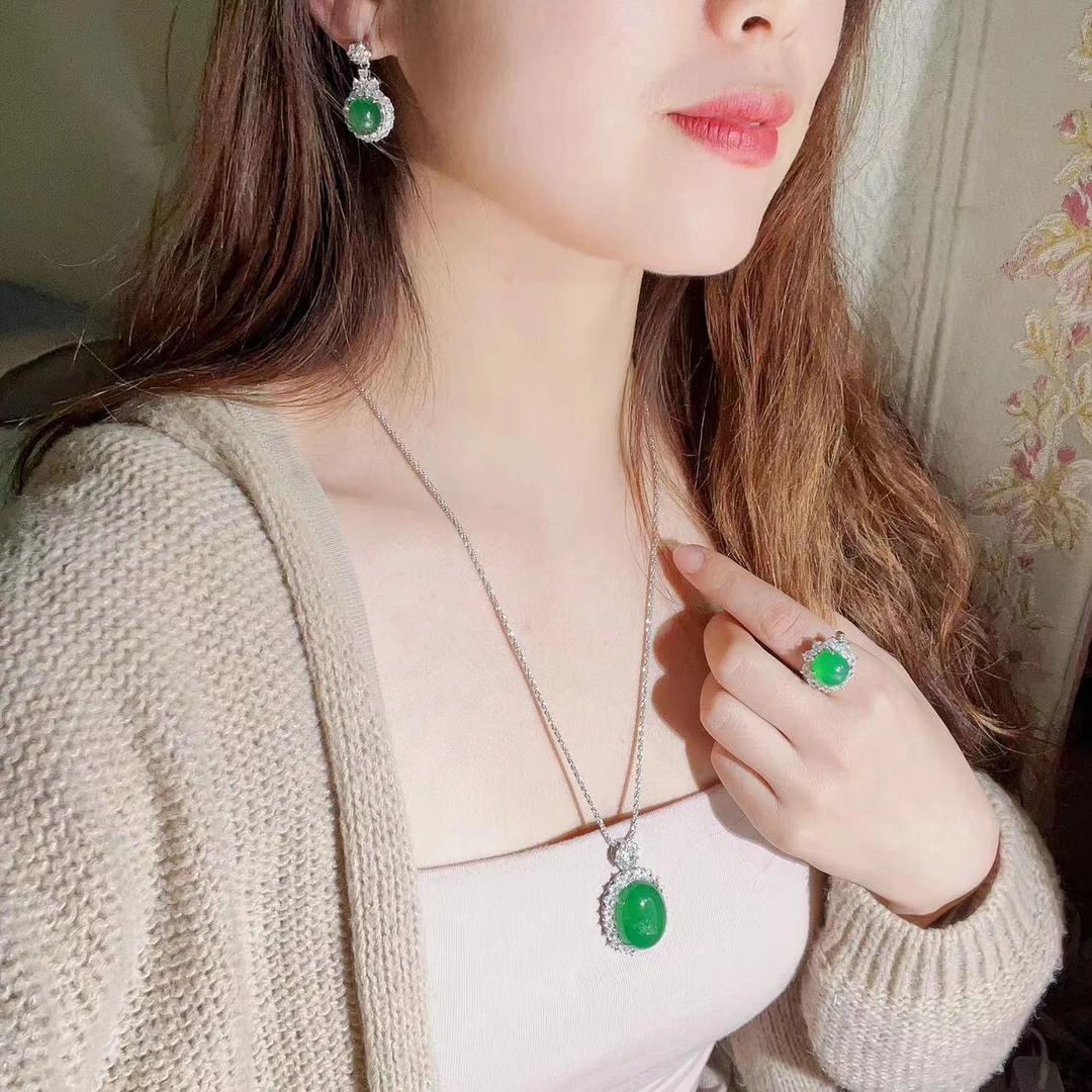 满绿鸽子蛋天然玉髓吊坠戒指玛瑙女士耳环套链毛衣链冰透阳绿女款