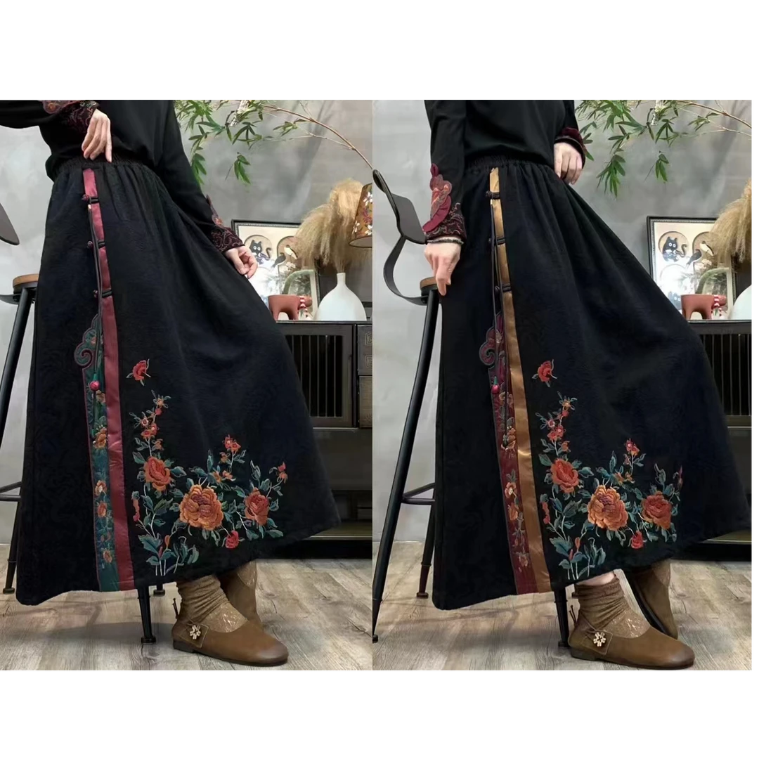 秋冬民族风侧边花苞刺绣半身裙80496