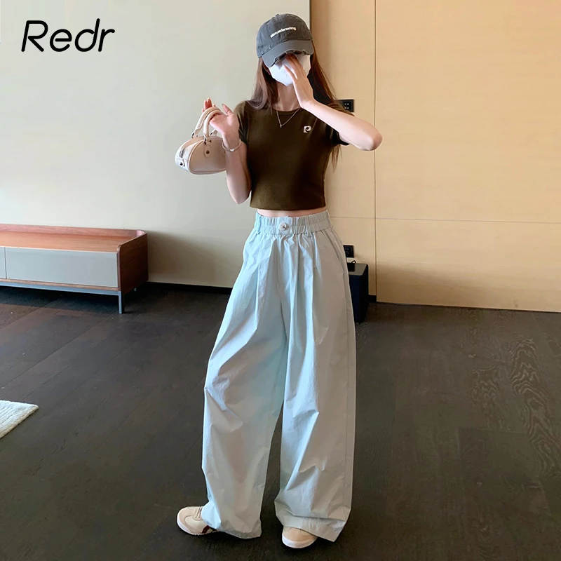 REDR糖果色高腰休闲裤女2024秋季宽松显瘦百搭阔腿长裤子