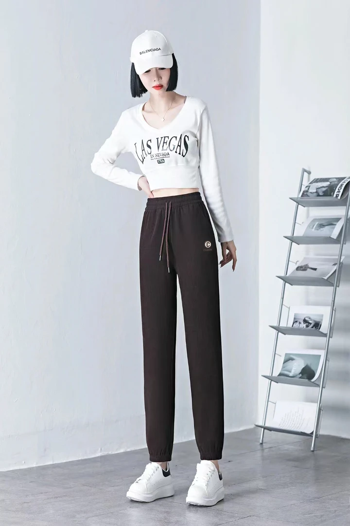 秋冬新款加绒欧棉绒女士休闲裤时尚抽绳运动卫裤百搭宽松束脚裤女