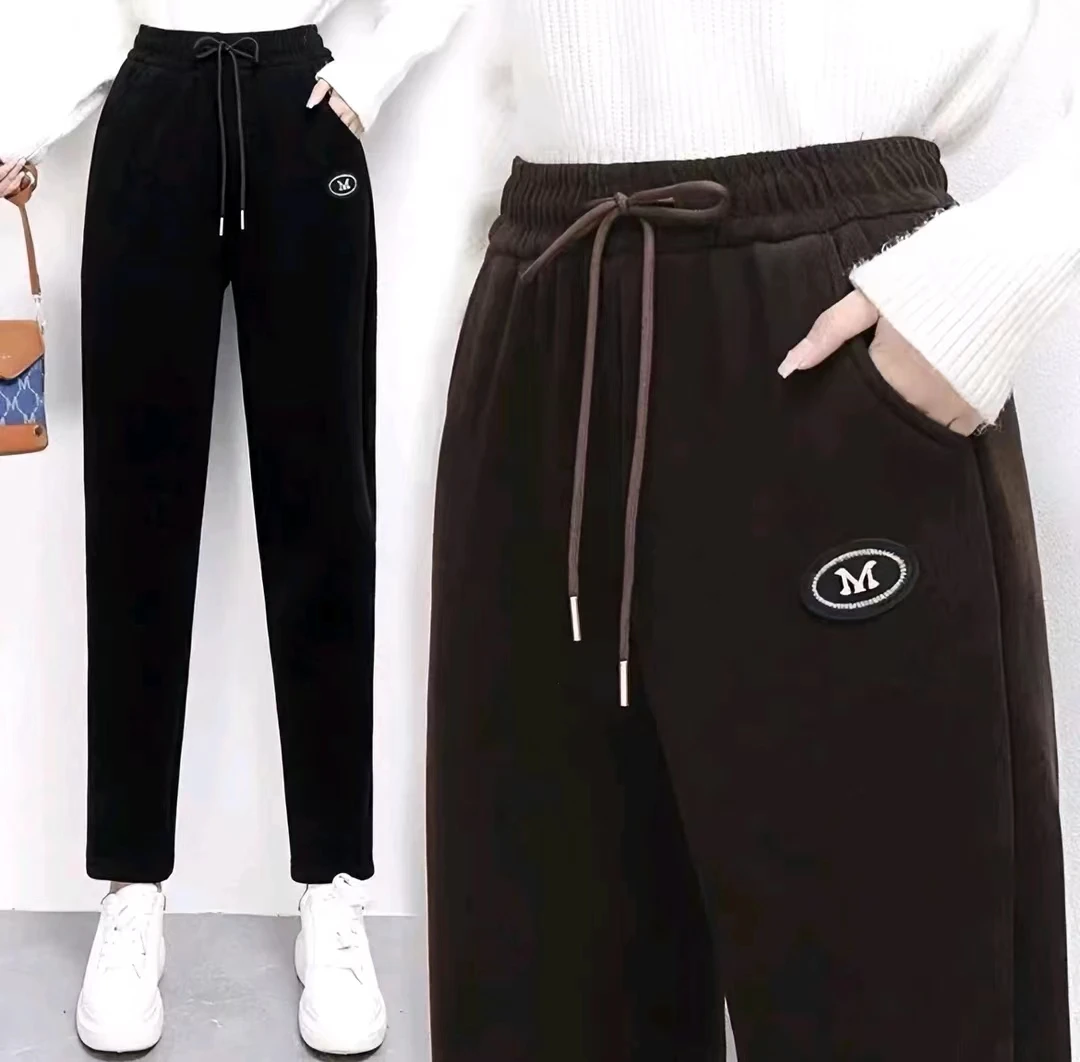 时尚木棉绒女裤春季新款宽松显瘦高腰直筒裤细条绒百搭休闲女裤