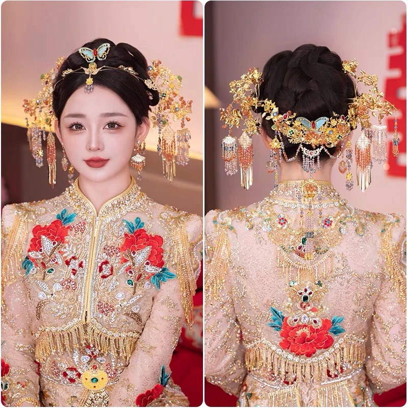 金色龙凤褂秀禾新娘头饰额饰小凤冠后区步摇汉服水晶发饰大气奢华