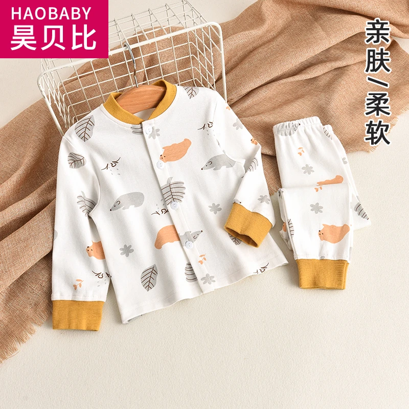 宝宝A棉开衫套装开裆裤儿童长袖春秋冬款打底秋衣秋裤睡衣1-3岁